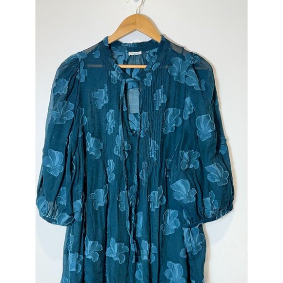 Sundance Teal Blue Floral Mini  Dress Boho Elegant Tie Neck Size Medium M Womwns - Picture 2 of 9